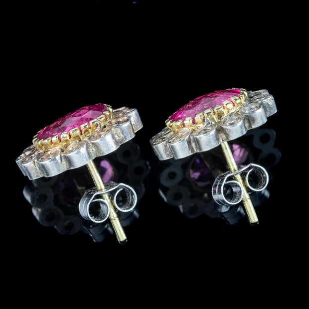 Antique Edwardian Pink Tourmaline Diamond Flower Stud Earrings 1.8ct  Tourmalines
