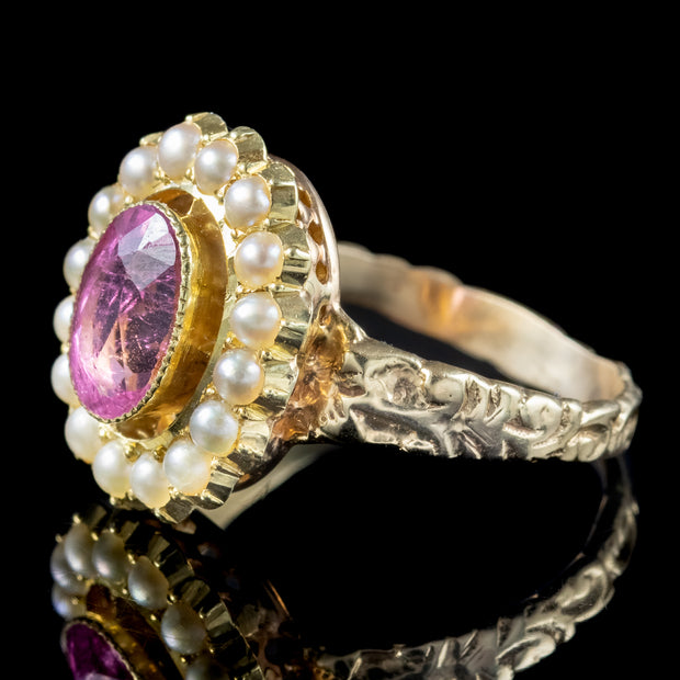 Antique Edwardian Pink Tourmaline Pearl Cluster Ring 1.5ct Tourmaline
