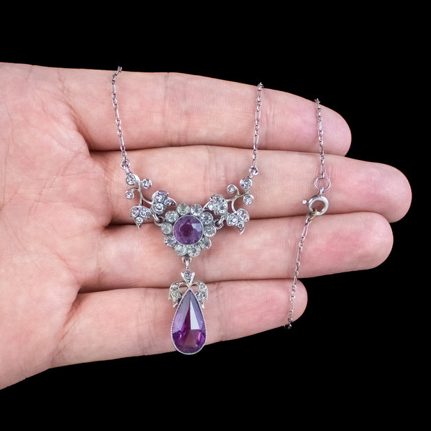 Antique Edwardian Purple Paste Lavaliere Necklace Silver