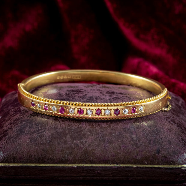 Antique Edwardian Ruby Diamond Bangle 18ct Gold Dated 1903