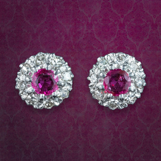 Antique Edwardian Ruby Diamond Cluster Stud Earrings 