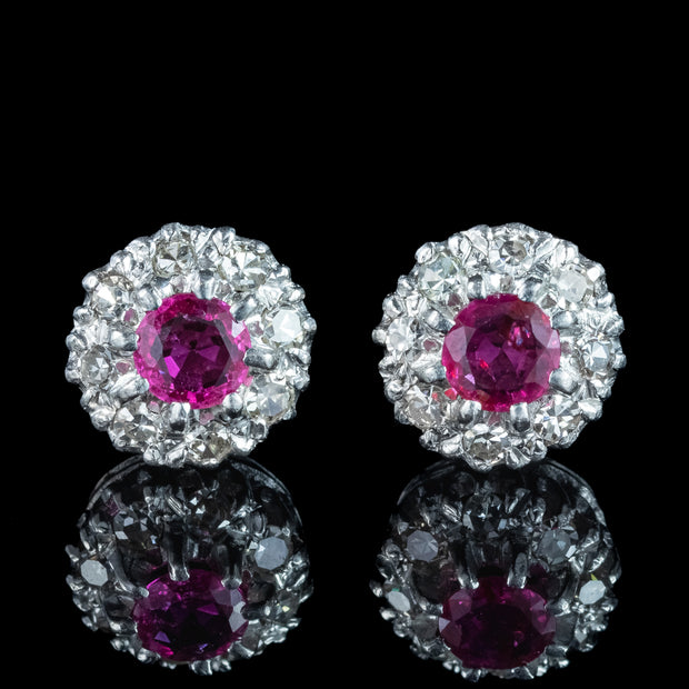 Antique Edwardian Ruby Diamond Cluster Stud Earrings 