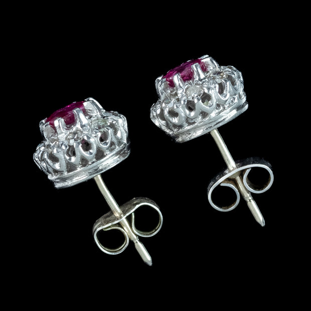 Antique Edwardian Ruby Diamond Cluster Stud Earrings 