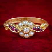 Antique Edwardian Ruby Diamond Pearl Cluster Ring Dated 1906