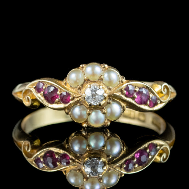 Antique Edwardian Ruby Diamond Pearl Cluster Ring Dated 1906