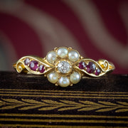 Antique Edwardian Ruby Diamond Pearl Cluster Ring Dated 1906