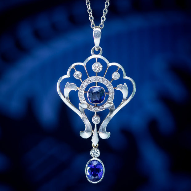 Antique Edwardian Sapphire Diamond Pendant Necklace 1.25ct Of Sapphire