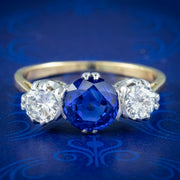 Antique Edwardian Sapphire Diamond Trilogy Ring 1.41ct Sapphire With Cert