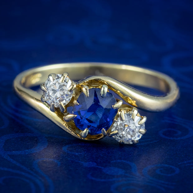 Antique Edwardian Sapphire Diamond Trilogy Twist Ring 0.65ct Sapphire