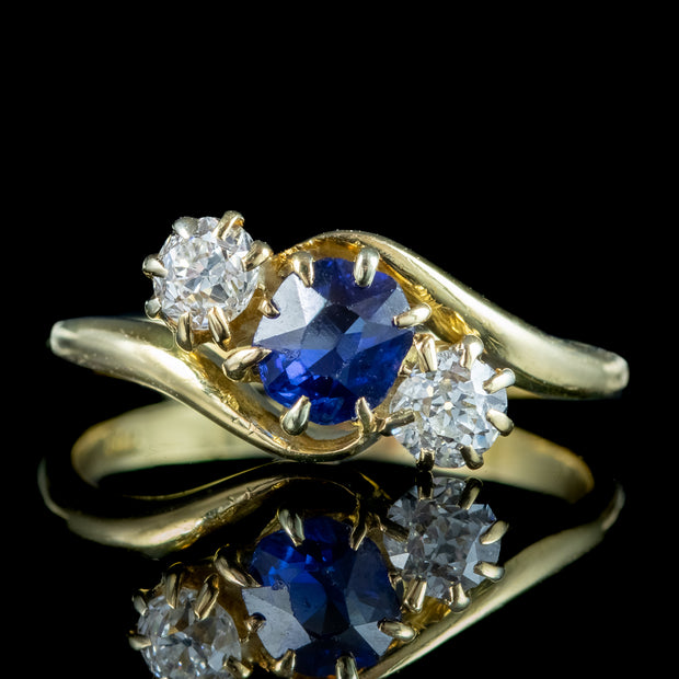 Antique Edwardian Sapphire Diamond Trilogy Twist Ring 0.65ct Sapphire