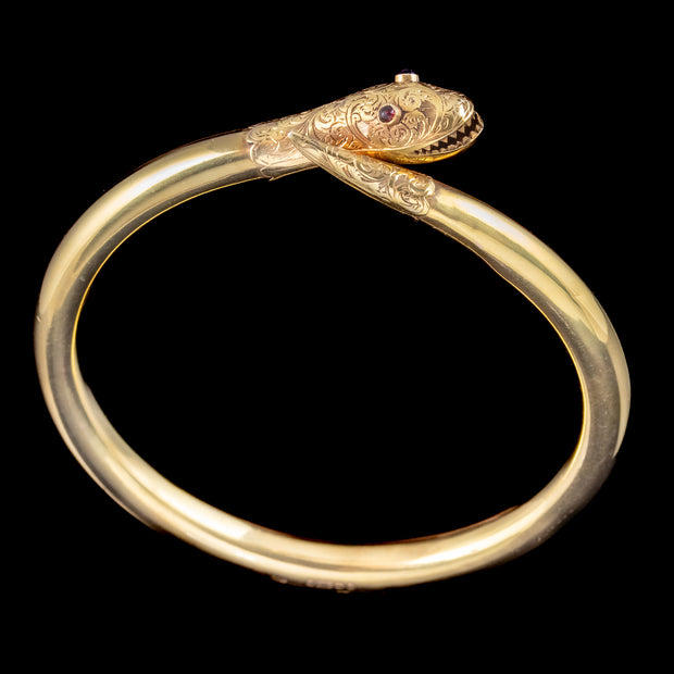 Antique Edwardian Snake Slave Bangle 9ct Gold Garnet Eyes Dated 1917