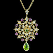 Antique Edwardian Suffragette Pendant Necklace Garnet Pearl Peridot