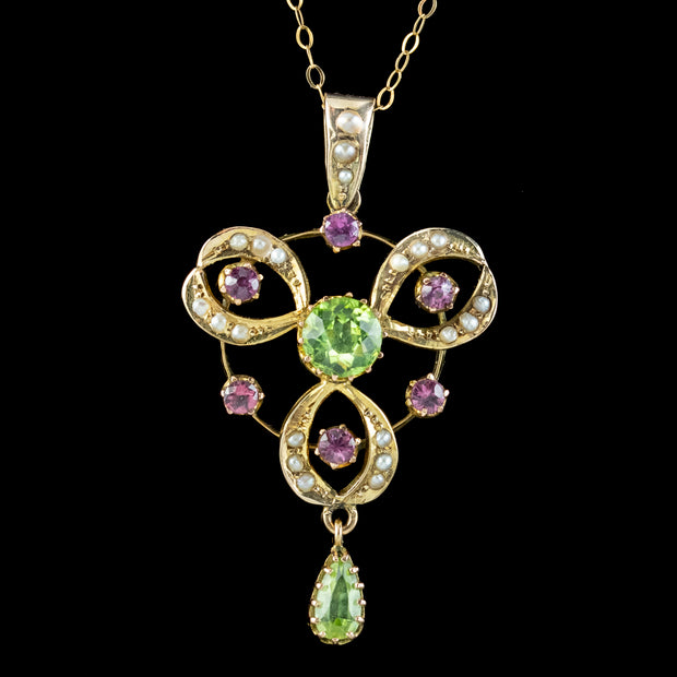 Antique Edwardian Suffragette Pendant Necklace Garnet Peridot Pearl Dated 1908