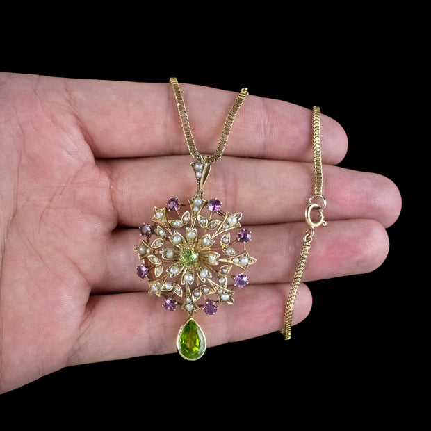 Antique Edwardian Suffragette Pendant Necklace Garnet Pearl Peridot