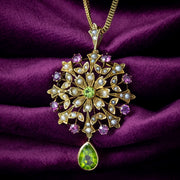 Antique Edwardian Suffragette Pendant Necklace Garnet Pearl Peridot