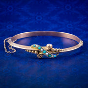 Antique Edwardian Turquoise Pearl Bangle 9ct Gold Dated 1901