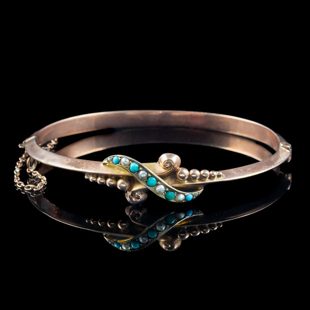 Antique Edwardian Turquoise Pearl Bangle 9ct Gold Dated 1901