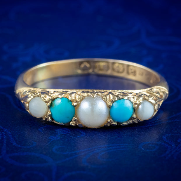 Antique Edwardian Turquoise Pearl Five Stone Ring Dated 1904