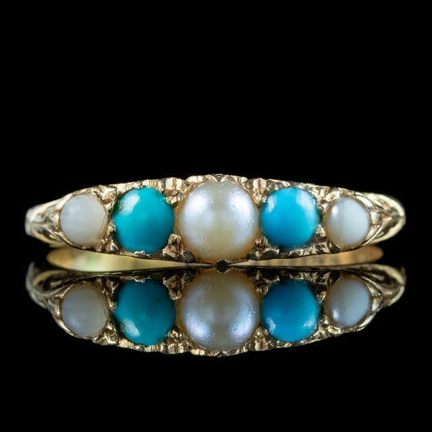 Antique Edwardian Turquoise Pearl Five Stone Ring Dated 1904