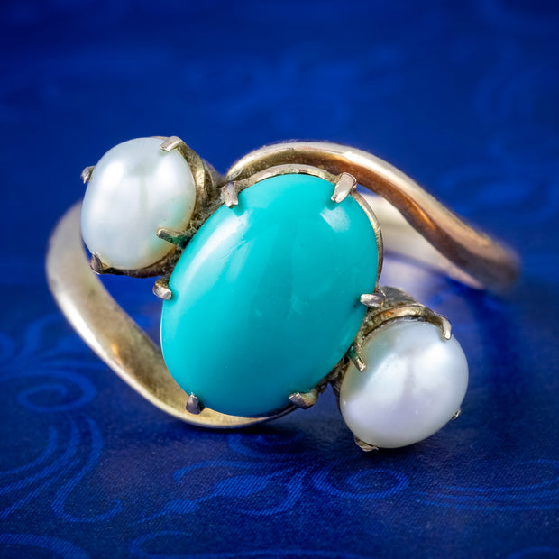 Antique Edwardian Turquoise Pearl Trilogy Twist Ring 