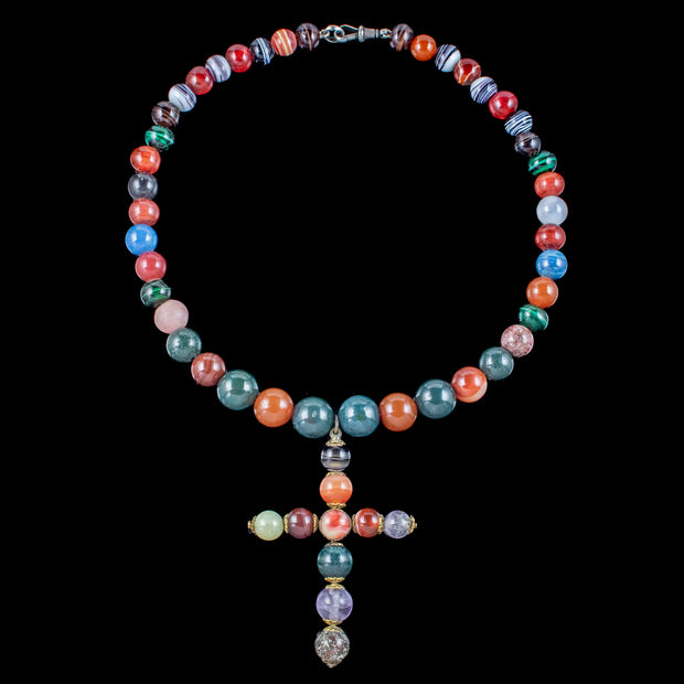 Antique Georgian Agate Glass Bead Cross Necklace 