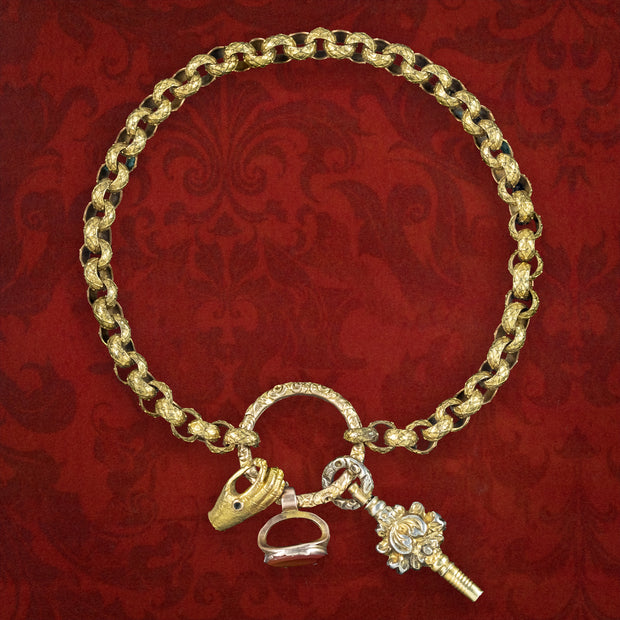Antique Georgian Chain Bracelet With Watch Key Fob And Hand Charms 