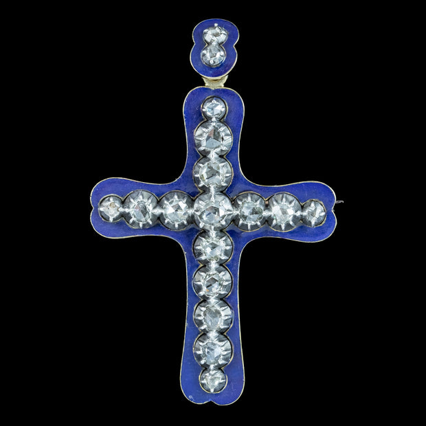 Antique Georgian Diamond Enamel Cross Pendant Brooch 18ct Gold