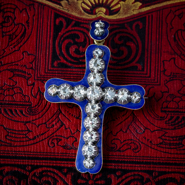 Antique Georgian Diamond Enamel Cross Pendant Brooch 18ct Gold