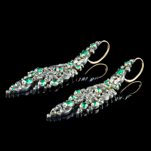 Antique Georgian Emerald Diamond Chandelier Earrings 5ct Of Emerald