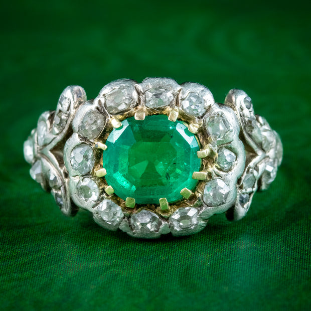 Antique Georgian Emerald Diamond Cluster Ring 1ct Emerald