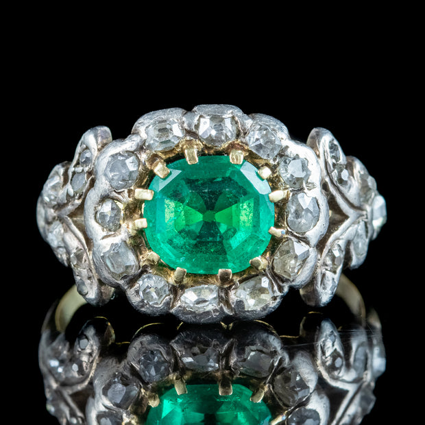 Antique Georgian Emerald Diamond Cluster Ring 1ct Emerald