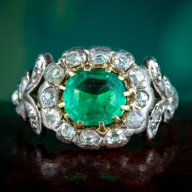 Antique Georgian Emerald Diamond Cluster Ring 1ct Emerald