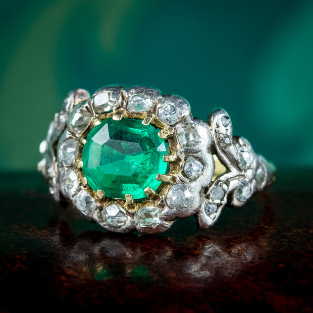 Antique Georgian Emerald Diamond Cluster Ring 1ct Emerald