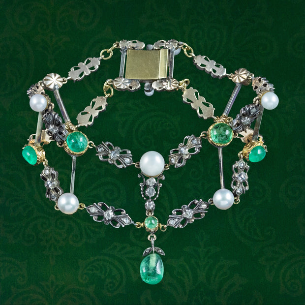 Antique Georgian Emerald Diamond Pearl Bracelet Silver 18ct Gold