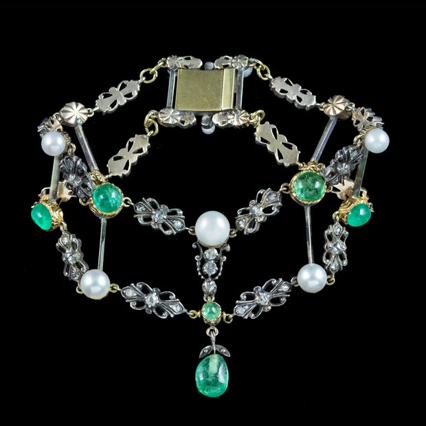 Antique Georgian Emerald Diamond Pearl Bracelet Silver 18ct Gold
