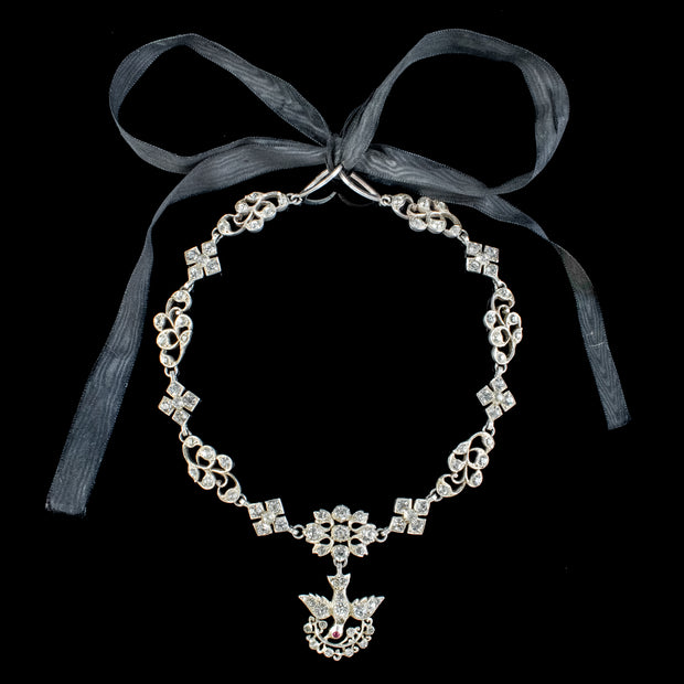 Antique Georgian French Paste Saint Esprit Necklace Silver Black Ribbon 
