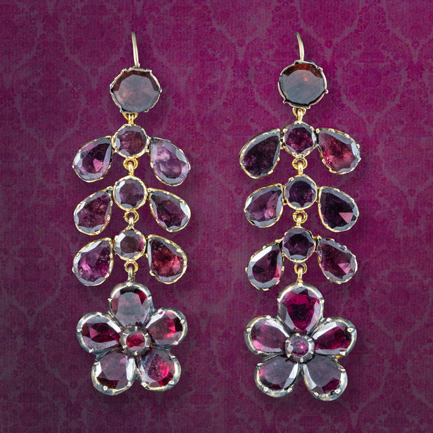 Antique Georgian Garnet Flower Drop Earrings 18ct Gold