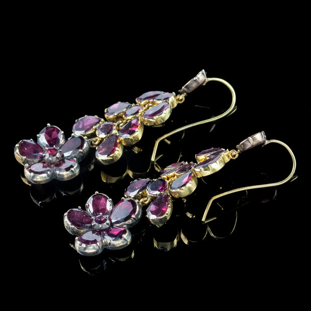 Antique Georgian Garnet Flower Drop Earrings 18ct Gold