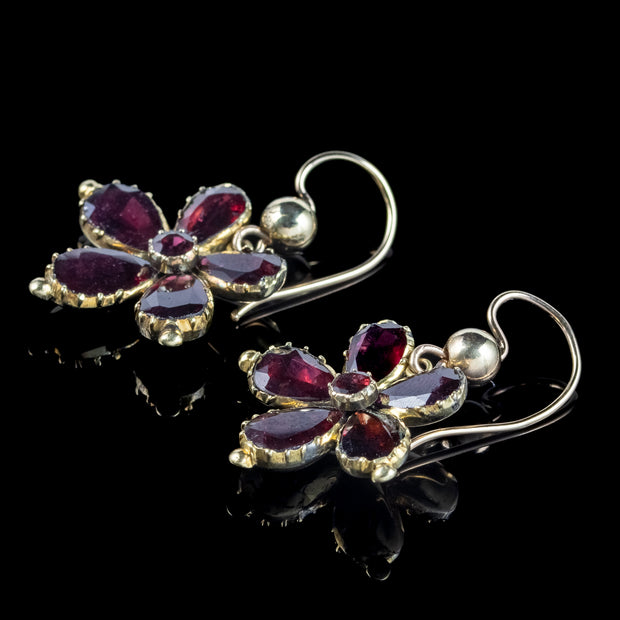 Antique Georgian Garnet Flower Drop Earrings 18ct Gold