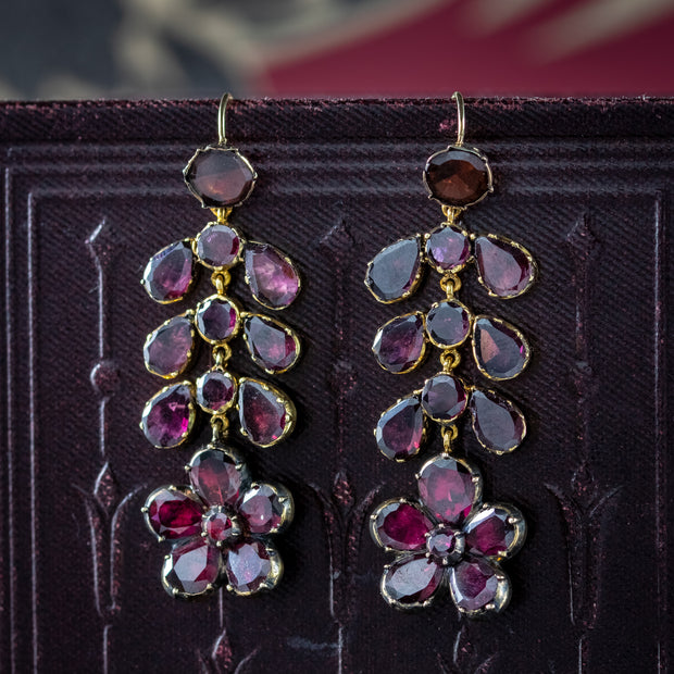 Antique Georgian Garnet Flower Drop Earrings 18ct Gold