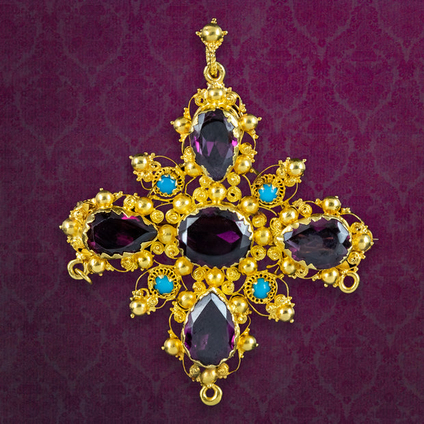 Antique Georgian Garnet Turquoise Pendant Brooch 18ct Gold