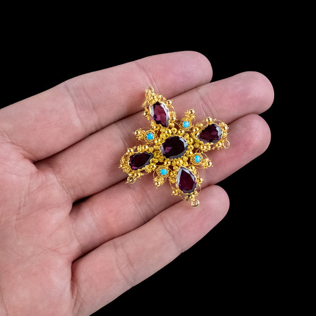 Antique Georgian Garnet Turquoise Pendant Brooch 18ct Gold
