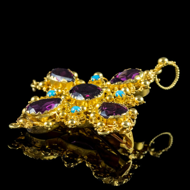 Antique Georgian Garnet Turquoise Pendant Brooch 18ct Gold