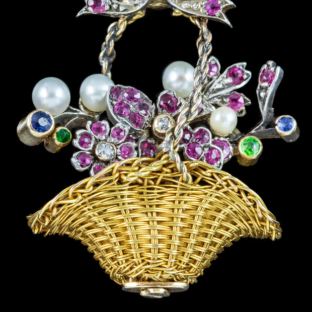 Antique Georgian Giardinetti Flower Basket Pendant Ruby Pearl Sapphire 