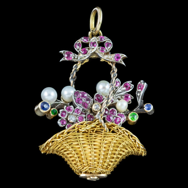 Antique Georgian Giardinetti Flower Basket Pendant Ruby Pearl Sapphire 