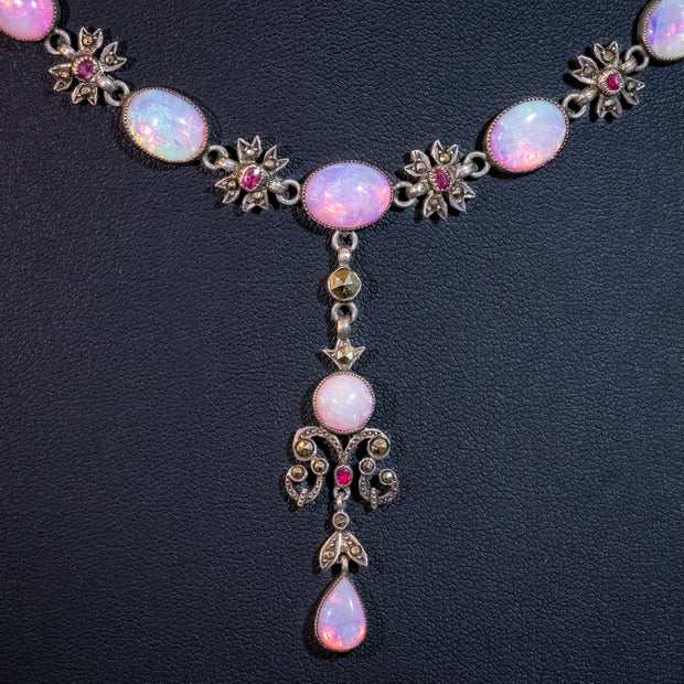 Antique Georgian Opal Ruby Riviere Dropper Necklace