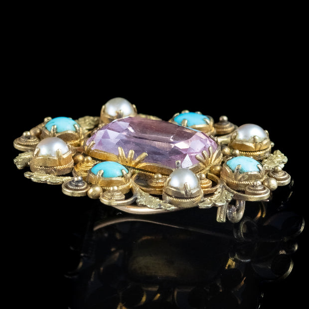 Antique Georgian Pink Topaz Turquoise Pearl Brooch 18ct Gold