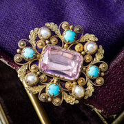 Antique Georgian Pink Topaz Turquoise Pearl Brooch 18ct Gold