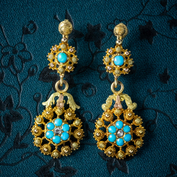 Antique Georgian Turquoise Diamond Forget Me Not Drop Earrings 