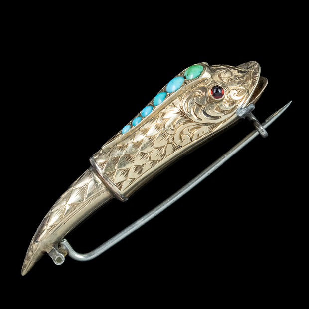 Antique Georgian Turquoise Snake Brooch Garnet Eyes 18ct Gold